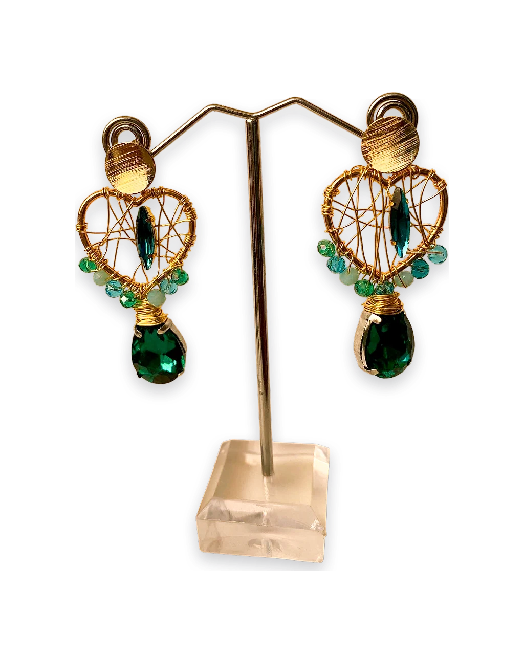 Aros corazón con gota esmeralda